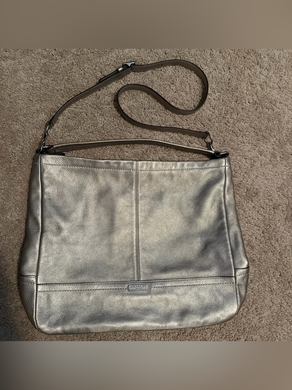 Coach Park Pebble Leather Hobo Bag Platinum Two Way  F29233